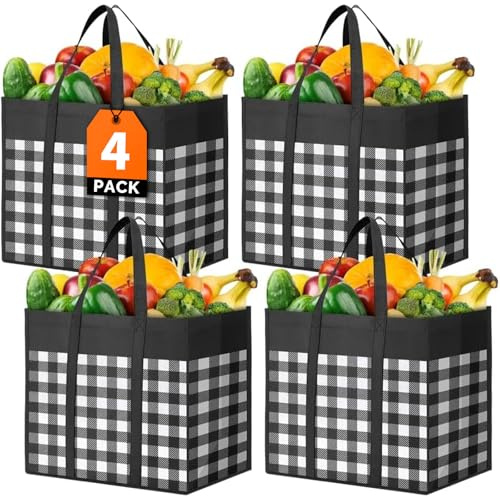 WOWBOX Reusable Grocery Bags,4-Pack, Foldable Reusable Shopping Tote Bags bulk with Reinforced Handles,Large Storage Bags with Water Resistant Coating for Groceries,Multipurpose,Black-White
