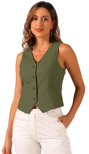 Allegra K Mujer Chaleco Moda de Algodón y Lino Blazer sin Mangas Botón Abajo Cuello en V Crop Top de Estival