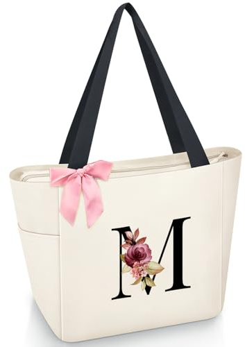 Vavabox Sac Cabas Personnalisé avec Initiale A-Z, Cadeau Imperméable pour Femmes, Demoiselles d'Honneur, Maman, Enseignantes, Amies (M, Blanc)