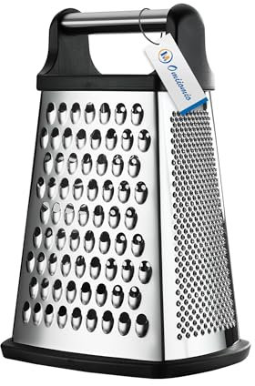 OIM Omiiomio Professional Cheese Grater - Stainless Steel, XL Size, 4 Sides - Perfect Box Grater for Parmesan Cheese, Vegetables, Ginger - Dishwasher Safe - Black