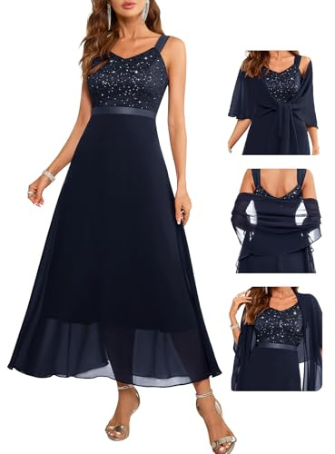 Berylove Abito da sera lungo da donna, con paillettes, abito da cocktail elegante, per matrimoni, feste, con stola, due pezzi, Blu mare, L