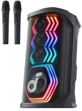 Soundcore Rave 3S AI Party Speaker with 2 Wireless Microphones, 200W Sound, AI Vocal Removal, Reverb, Light Show, 12H Playtime, Portable Bluetooth PA System for Home, Party, or Backyard