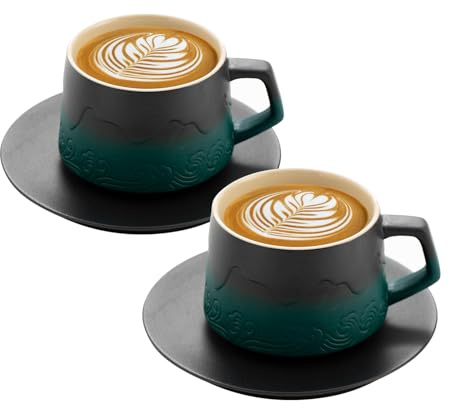 BOILMERIT 8 oz Cappuccino Cups Set of 2, Embossment Ceramic Coffee Cups with Saucers Set for Latte Art, Artistic Stoneware Cups for Cafe Au Lait, Black Tea, Coffee Lovers GiftsGradient Green