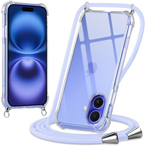 Oelrstfe Cover con Cordino per iPhone 16, Trasparente Silicone Custodia con Regolabile Collana Laccio Tracolla, Antigraffio Proteggere Case Corda per iPhone 16, Viola