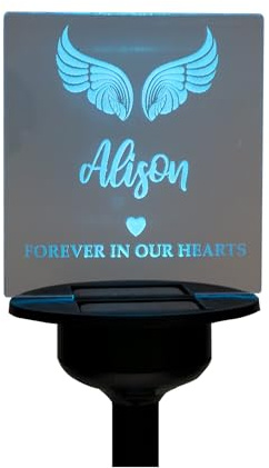 Personalised memorial gift. Garden name plaque. Solar powered light up outdoor LED name sign graveside ornament. Forever in our hearts angel wings
