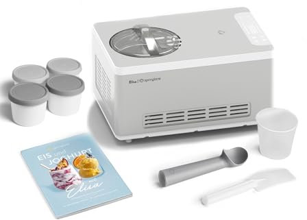 SPRINGLANE Gelatiera e yogurt Elisa 2,0 L con compressore autolaffreddante da 220 W, in acciaio inox con funzione di raffreddamento e riscaldamento, incluso ricettario (Elisa argento + 4 contenitori