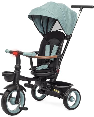 Baby Tricycle,7 in 1 Foldable Trike for Kids age 10M+ to 5 Years,Headlights.1-Step Brake Folding Pedal, Extended Canopy, Detachable Guardrail (618, Green-Black)