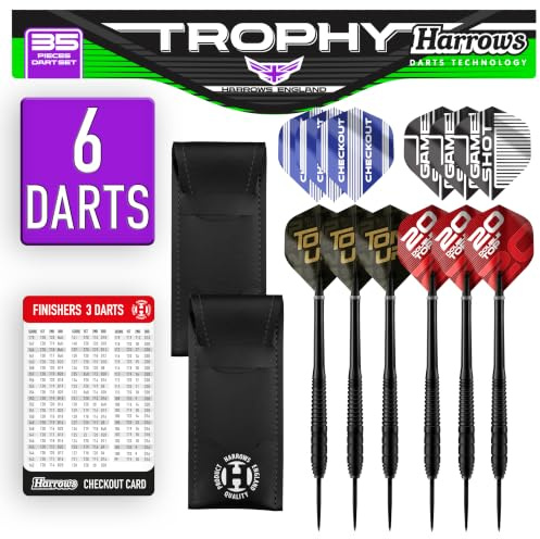 Harrows Trophy Lot de 25 fléchettes haute performance 6 fléchettes à pointe en acier avec prise en main de qualité supérieure, lot ultime avec accessoires complets de fléchettes : portefeuilles de