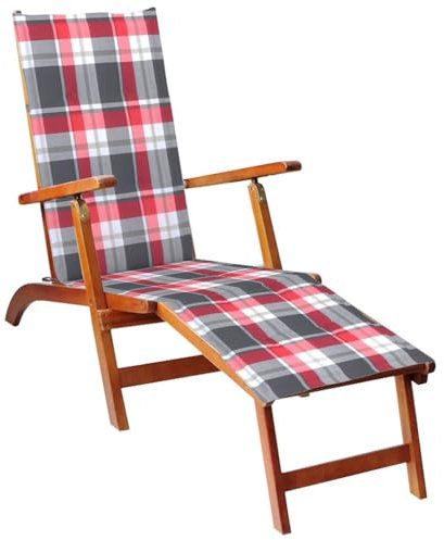 Myheimly Akazienholz Massiv Liegestuhl mit Fußstütze Auflage Deckchair Holzliege Gartenmöbel Liege Relaxliege Gartenliege Sonnenliege Rotes Karomuster