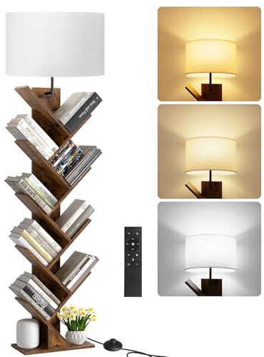 OUTONLIFE 9 Tier Tree Bookshelf with Light, Remote & Timer, Modern Tall Floor Standing Book Shelf, Narrow Wood Bookcase, Small Book Organizer Shelves for Living Room, Bedroom, Office