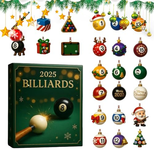 Biljard adventskalender, samlarobjekt 2D minnessak | 24-dagars nedräkningskalender biljard tema prydnader | för fans familj vänner träd fönster mantel