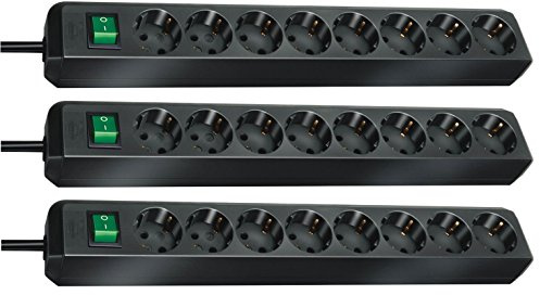 Brennenstuhl Eco-Line, Steckdosenleiste 8-fach (mit Schalter und 3m Kabel - besonders stromsparend) (3er Set | schwarz)