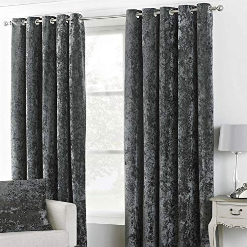 Value Comfort Home Luxury Pair of BLACKOUT Lined Thermal Crushed VELVET Eyelet Top Readymade Curtains + Tie-Backs 90 x 90 Charcoal