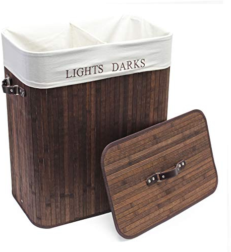Wiltec Wäschebox 105 L braun Wäschekorb mit Deckel aus Bambus faltbare Wäschebox mit Leinensack mit 2 Fächern zum Sortieren von Schmutzwäsche