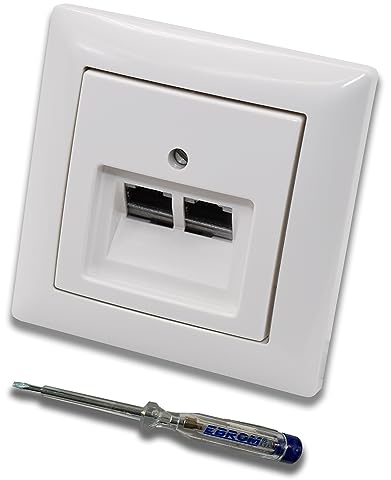 BUSCH JÄGER Komplettset / 2er Netzwerkdose - 2-fach UAE Anschlussdose Cat.6A UAE RJ45 ISO geschirmt + 1 Fach Rahmen + Abdeckung Balance SI alpinweiß glänzend + EBROM Phasenprüfer zur Montage der Dose