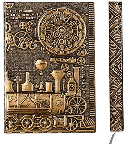 YHH Carnet de Voyage en Cuir, Carnet Ligné A5 Couverture Rigide, Relief, 200 Pages, Fait Main, Journal Intime Vintage Cahier de Notes Notebook Calepin Bloc Note, Cadeau Femme Homme Train 3D Bronze