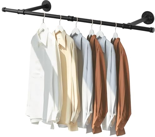 Yawinhe Kleiderstange zur Wandmontage, Abnehmbare Kleiderständer im Industrie-Design,112 cm Rohr-Kleidergestell Wandaufhänger für Kleidung Lagerung,für Wohnzimmer, Schwarz, 1-Pack
