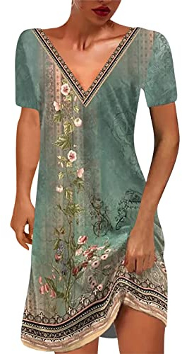 Sommerkleid Damen Strandkleid Boho Mini Tunika V-Ausschnitt Blumenkleid Loose T-Shirt Kleid Floral Minikleid Sommerkleider