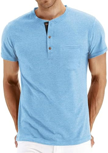 Hisir Henley-skjorta män sommar klassisk bomull kortärmad knapp t-shirt casual t-shirts för män, B06 Panaskerad ljusblå, L