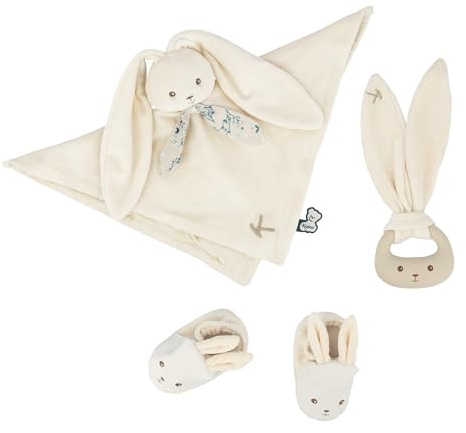 Kaloo - Lapinoo - Coffret de Naissance - Couleur Crème - 3 Accessoires Bébé - Doudou + Anneau de Dentition Bébé + Chaussons 11 cm - Dès la Naissance, K218013