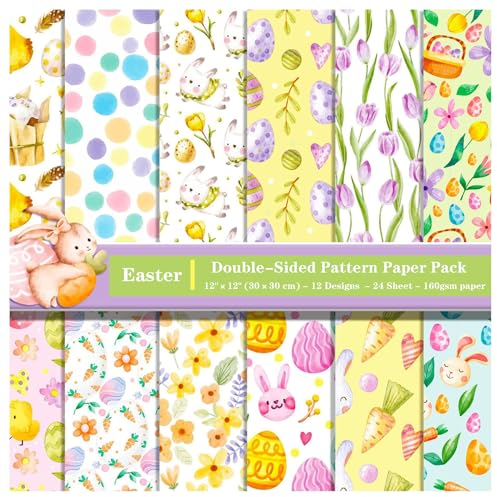 ZAKHSE Motivpapier Ostern,Designpapier 30x30cm,24 Blätter Doppelseitig Bedruckt Ostereier Kaninchen Karotten Blumenmuster Scrapbook Paket,12 Design,Bastelpapier Bunt Dekopapier für Karten Sammelalbum