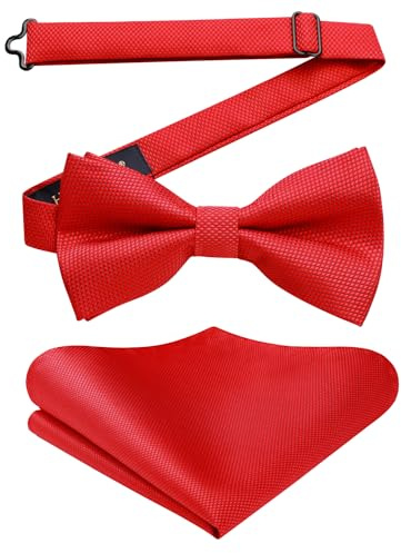 HISDERN Mens Bow Tie Red Wedding Pre-tied Bow Tie and Pocket Square Set Solid Color Adjustable Silk Bowtie for Christmas Newyear