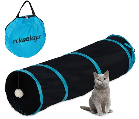 Relaxdays Katzentunnel faltbar, Katzenröhre mit Spielzeug, interaktiver Katzen Spieltunnel, BxD: ca. 90 x 25 cm, Schwarz
