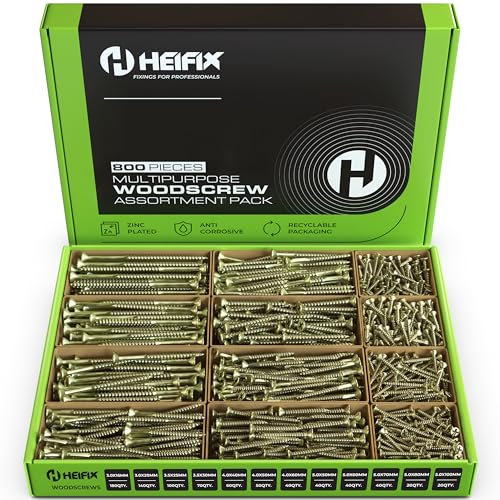 Heifix Juego surtido de 800 tornillos de madera en caja de almacenamiento ecológica, broca de tornillo incluida – doble avellanado, Pozi, resistente, para bricolaje, tablero, vallas de madera