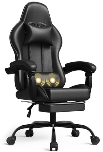 Devoko Gaming Stuhl Massage, Bürostuhl Ergonomisch Mit fußstütze und Massage-Lendenkissen, Gamer Stuhl verstellbare Rückenlehne 90-150°, Gamingstuhl 150 kg belastbarkeit, Schwarz