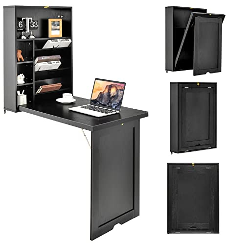 GYMAX Wandklapptisch mit Stauraum, Wandtisch klappbar, Laptoptisch mit 2 verstellbaren Regalen, platzsparender Wandschreibtisch, Esstisch, Bartisch für Küche, Wohnzimmer & Esszimmer, Schwarz