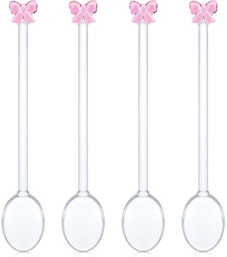Honeydak 4 Pack Reusable Pink Bow Glass Spoons Pink Coffee Spoon Coquette Bow Party Bachelorette Decoration for Bridal Engagement Wedding Kitchen Counter Cooking Housewarming