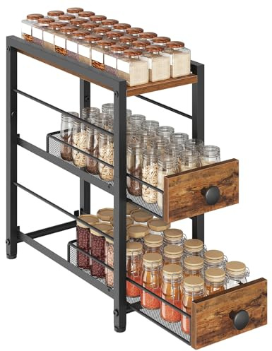YATINEY Étagère à Épices à 3 Niveaux, Organisateur Étroit pour Plan de Travail de Cuisine avec 2 Tiroirs, Rangement Café avec Tiroirs Coulissants, pour Capsules de Café, XSR02BR
