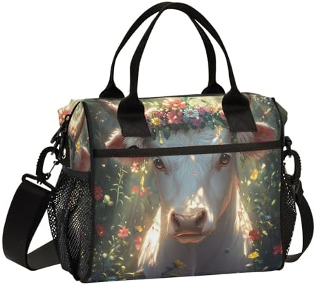 Boccsty Cow Horn Flowers Kids Reusable Lunch Box Boys Girls Insulated Lunch Bag Women Men Cooler Tote Bag Organizer Meal Prep for School Office Picnic M