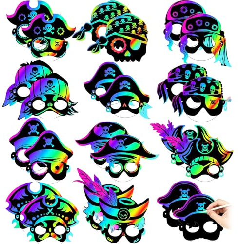 Cosysparks Masques à Gratter Enfant, 24 Pcs Masques en Papier Bricolage pour Décorer les Enfants Drôle Magic Scratch Art Masque Craft Kit pour Anniversaire Cosplay Fête à Thème (Pirate)