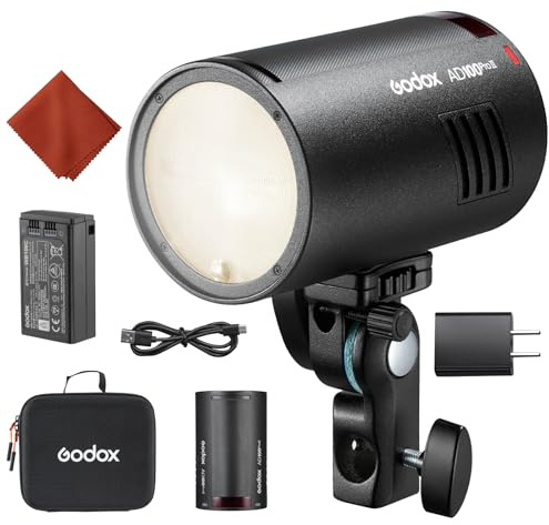 GODOX AD100ProII Flash Kit AD100Pro Upgrade Luce Strobe Fotografia,100Ws 2.4G Wireless HSS 1/8000s Flashs Esterno,USB-C Ricarica,2850mAh Batteria 490 Flash a Piena Potenza,Lampada Modellaggio LED
