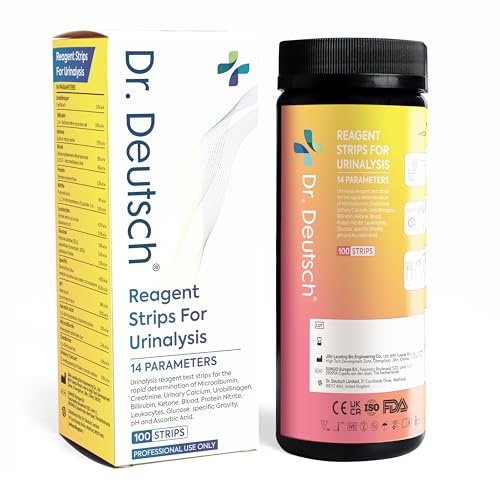 Dr. Deutsch 14 Parameter Urine Test Strips – 100 Pack | Complete Urinalysis Reagent Dipsticks for Glucose, Protein, Ketones, pH, Blood & More | Fast & Accurate Home & Professional Testing