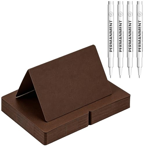 BetterJonny 54 PCS Paper Price Tags Set, Food Labels for Buffet, Folded Cardstock Card with Pen, Coffee Brown Reserved Table Top Sign, for Cheese Cake Board Signs/Craft Stall Display Stand Cards Tags