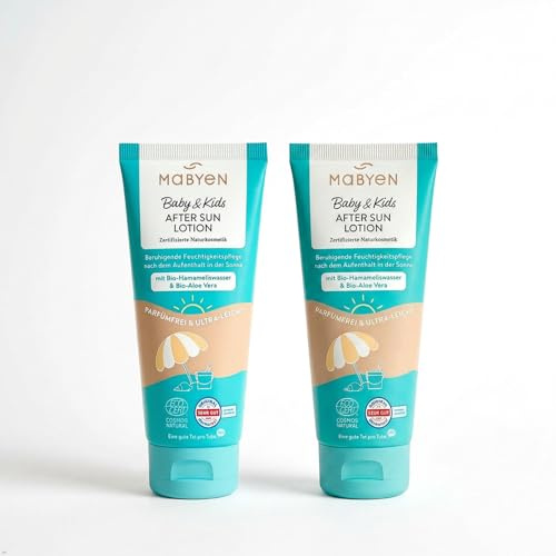 MABYEN Baby & Kids - Lozione doposole per bambini, senza profumo e vegana, 2 x 180 ml, idratante per la pelle sensibile del bambino, cosmetico naturale certificato NATRUE, lenisce dopo l'esposizione