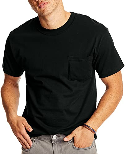 Hanes Men's Short Sleeve Beefy-T with Pocket, Black, Medium