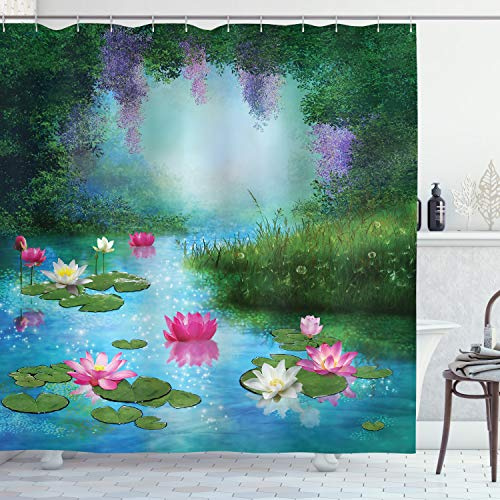 Ambesonne Nature Shower Curtain, Fantasy Pond Water Lilies Floating Romantic Lotus Digital Art, Cloth Fabric Bathroom Decor Set with Hooks, 69 W x 70 L, Aqua Pink Green