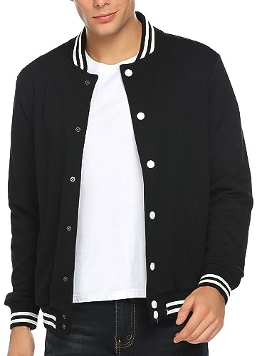 COOFANDY Men Fashion Long Sleeve Button Front Cotton Bomber Baseball Jacket, Pitch-black, X-Large