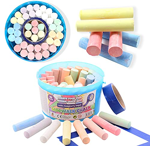 Smart-Planet Straßenmalkreide 43 Stück Kinderkreide 8 versch. Farben mit Klebeband - Kreide Stifte für Kinder - abwaschbare Malkreide im Kreideeimer