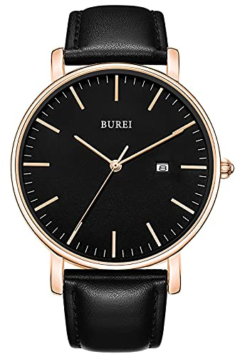 BUREI Ultra Dünne Uhren Herren Analoges Datum Armbanduhr Herren mit Japanisches Quarzwerk, Geschenke für Männer (Roségold Schwarz, Leder)