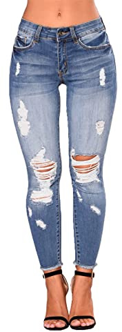 Uusollecy Jean Femme Mi-Taille Élastique Déchiré avec Fermeture Éclair Skinny Stretch Femme Jeans Taille Normale,Bleu Foncé,S