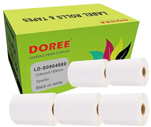 DOREE - 5 Rouleaux Étiquettes d'Expédition Compatible DYMO S0904980, 104mm x 159mm, 220 Étiquettes/Rouleau, Papier Blanc de Qualité A, Pour Imprimantes Dymo LabelWriter 4XL