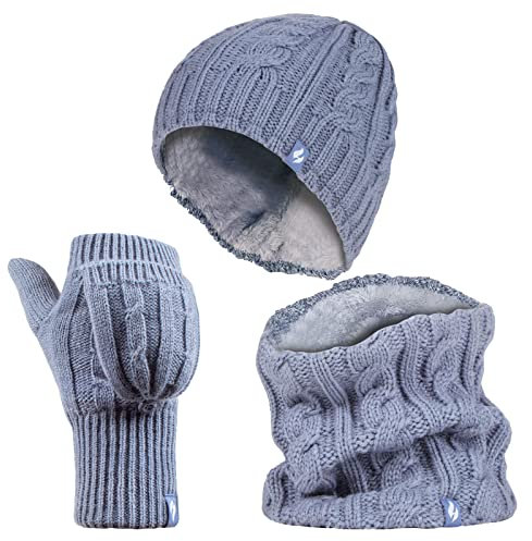 HEAT HOLDERS - Ladies thermal winter warm fleece cable knit Hat, Neck Warmer and Converter Gloves set (Dusky Blue)