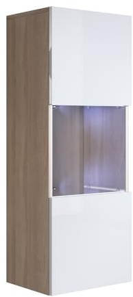 MB Muebles Bonitos, Vitrina Colgante Luke V3 para Salón o Comedor Moderno con Luz LED, Mueble Modular de Melamina Brillo, Color Blanco y Sonoma, 40x126x29 cm
