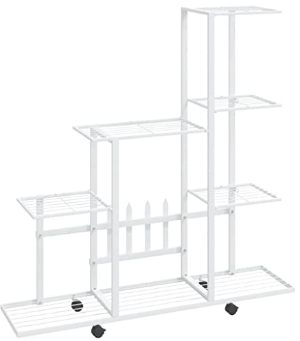 vidaXL Blumenständer auf Rollen Blumentreppe Pflanzenständer Blumenregal Pflanzentreppe Pflanzregal Blumenbank 94,5x25x92,5cm Weiß Metall