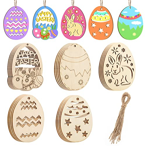 MELLIEX Ornamenti Pasquali in Legno, 20 Pezzi Decorazioni Pasqua Pendente in Legno Non Finiti, Artigianato Fai da Te per Bambini Decorazioni Pasqua