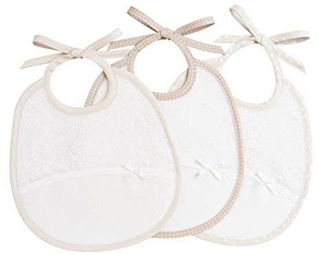 Filet - Set de 3 Baberos Bebé Ovalados en Esponja de Algodón Blanco con Bolsillo en Tela Aida para Bordar, Protege los Vestidos Contra Jalea y Saliva, 100% Made in Italy, Color Blanco y Beige